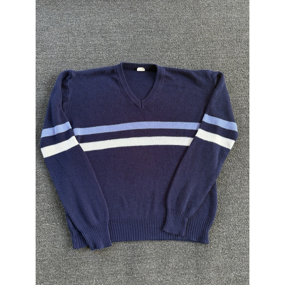 Vintage Varsity Stripe V-Neck Sweater Navy Blue Made in Italy Acrylic